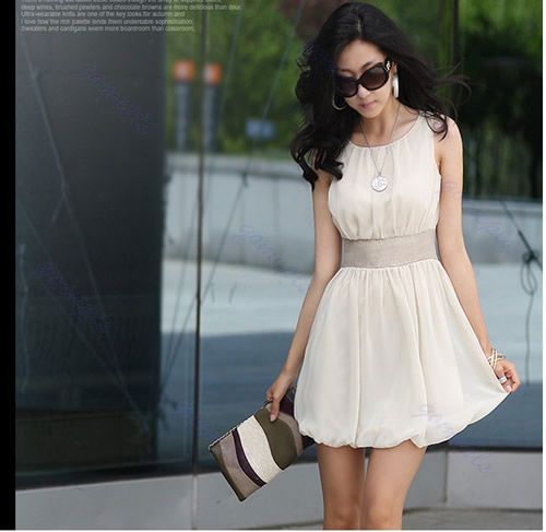 Fashion Korea Women Scoop Neck Mini Dress Empire Waist Chiffon Lined 