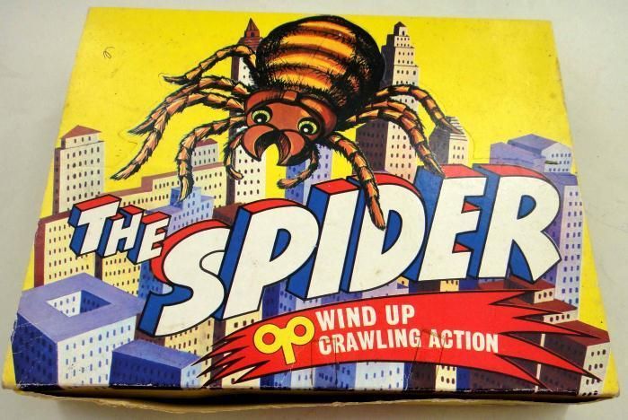 vintage 6 WIND UP CRAWLING SPIDERS w/DISPLAY BOX ~NOS  