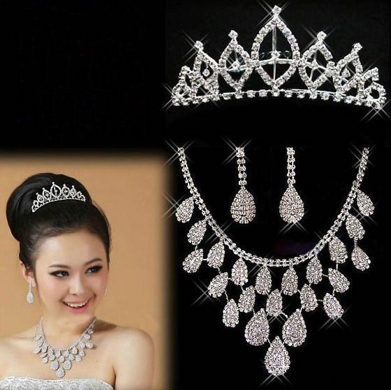   JEWELRY CRYSTAL TEARDROP STYLE TIARA CROWN NECKLACE EARRING  