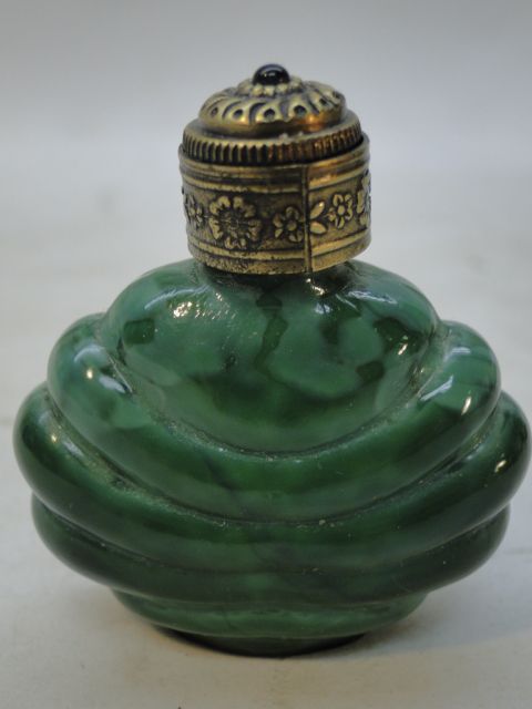 MALACHITE MINI PERFUME BOTTLE GLASS DAUBER METAL TOP  