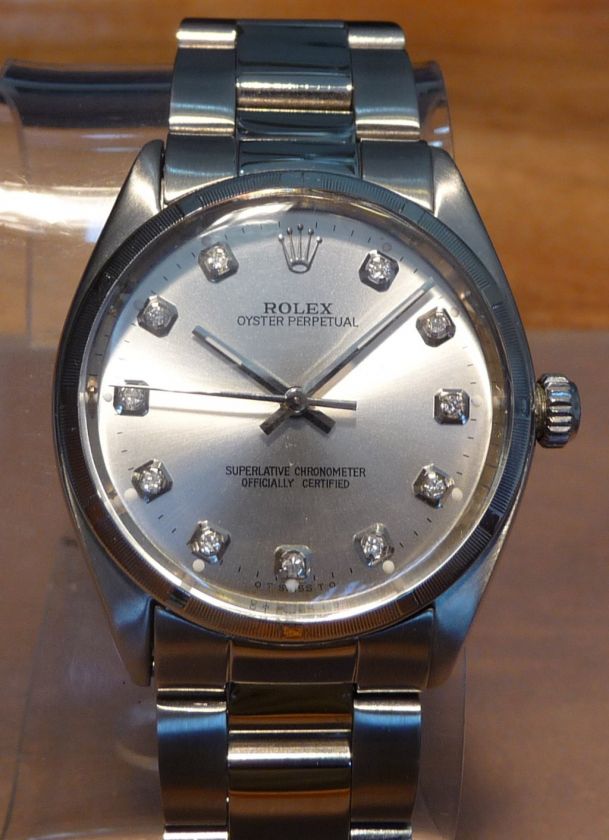 ROLEX OYSTER PERPETUAL SILVER DIAMOND DIALED 1961 STAINLESS STEEL MENS 