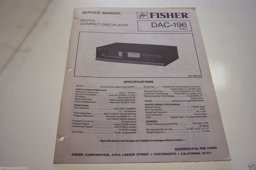FISHER DAC 196 DIGITAL COMPACT DISC SERVICE MANUAL H/C  