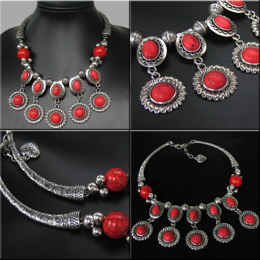 NEW IN STUNNING TIBET STYLE TIBETAN SILVER RED TURQUOISE NECKLACE 