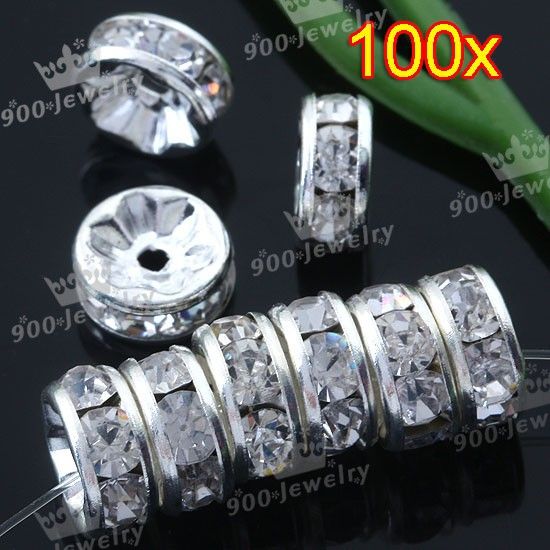 100x Silver Plated Clear Rhinestone Crystal Glass 8mm Round Spacer 