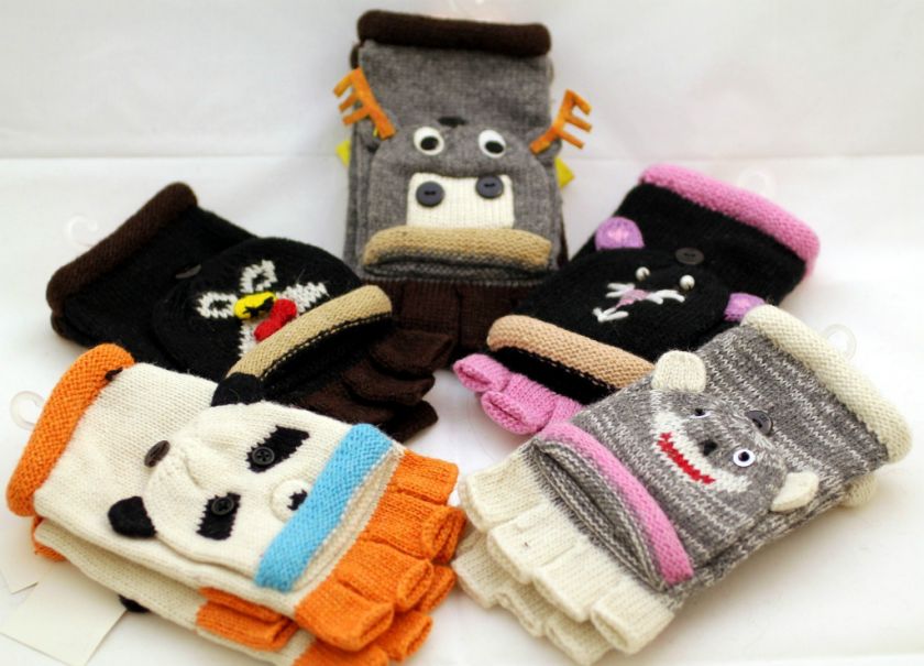 Knit Winter Glove Flip top Fingerless Wool Mitten Animal Gloves D&Y 