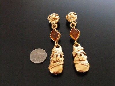 Authentic Chanel Vintage CC gripoix glass long dangle clip on earrings 