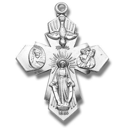 Silver 4 Way Medal Virgin Mary Holy Spirit Jesus Cross  