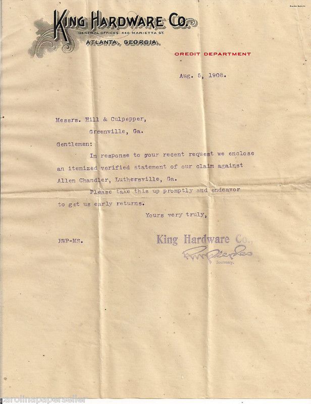 1908 King Hardware Co., Atlanta, Georgia Letter  