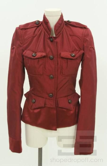 Yves Saint Laurent Maroon Silk Leather Button Flounce Jacket F36 