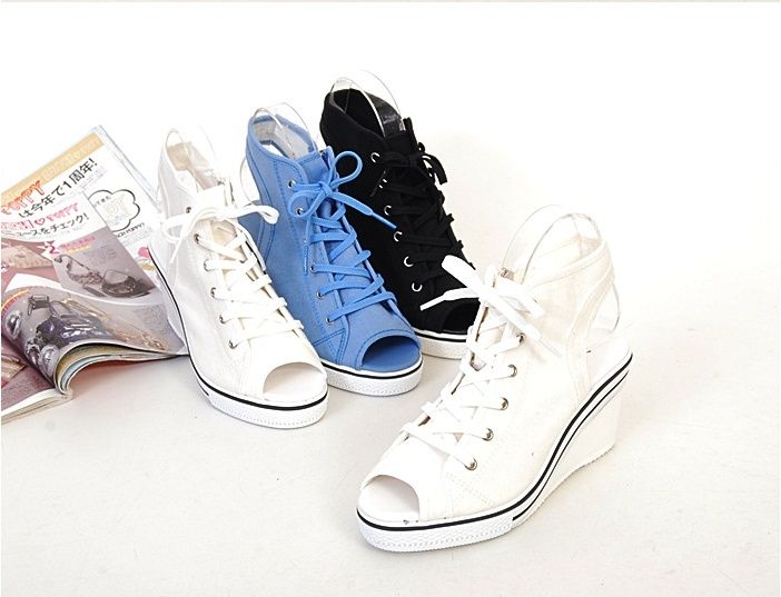 Women Open Toe Wedge High Heels Sandals Sneakers Shoes White/Black 