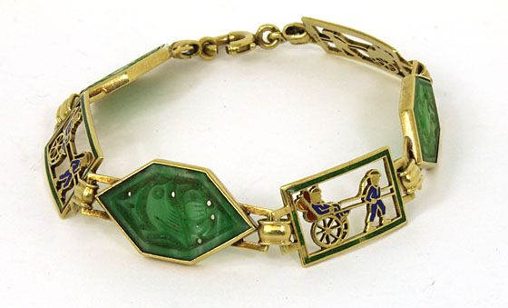 VINTAGE 14K GOLD HAND CARVED JADE & ENAMEL BRACELET  