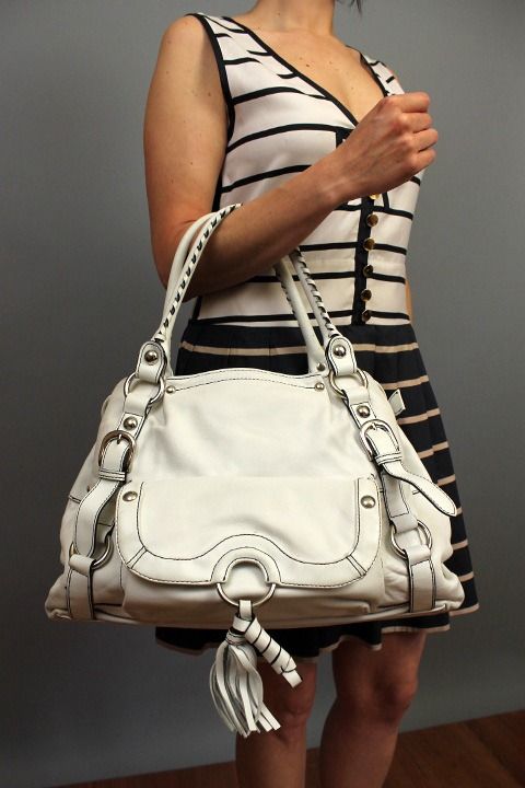 LONDON FOG White BUTTERY SOFT Large TASSEL Purse SATCHEL LEATHER 