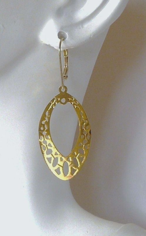 Gold Plated Lazer Lace Elongated OVAL DANGLE FASHION EARRINGS ~ FREE 