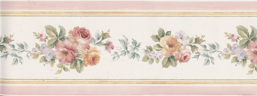 Wallpaper Border Victorian Satin Roses With Pink Trim  