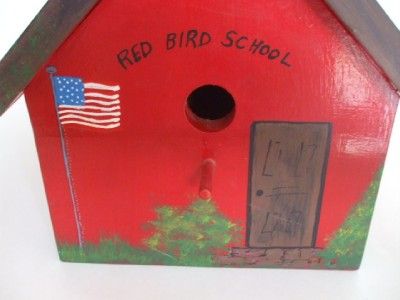 Birdhouse Hand Painted Wooden Red Bird School Feeder  