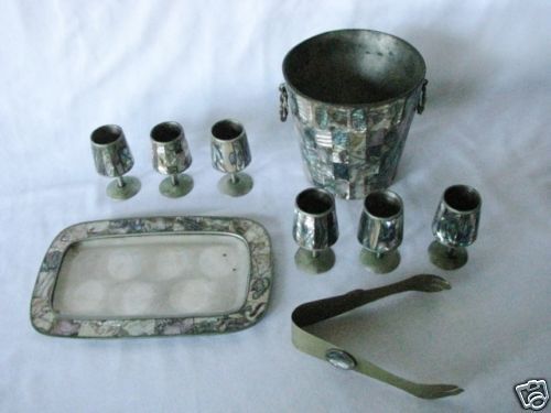 VINTAGE ALPACA SILVER CORDIAL ICE BUCKET TONGS BAR SET  