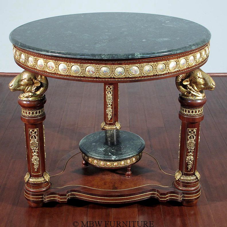 MAHOGANY/Walnut NEOCLASSICAL Marble Top Round SIDE TABLE w/ Ram Heads 