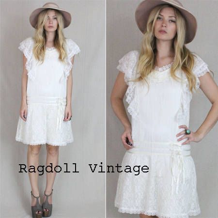 Vtg 60s WHITE Gunne Sax Jessica McClintock Great Gatsby Lace MINI 