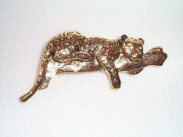 Vintage Leopard Cat on Tree Branch Pin Rhinestone Eyes  