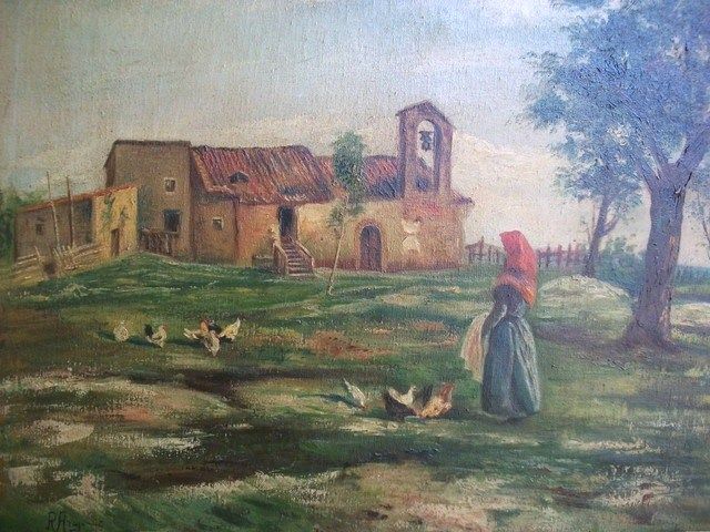 Great old oil on canvas landscape painting # 06604  