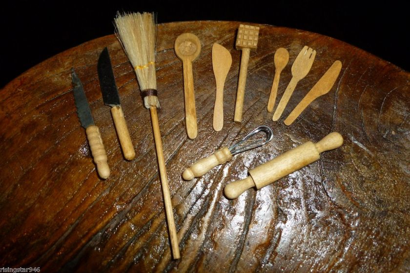 Wooden Miniatures ~ Broom, Rolling Pin, Whisk, Spatula, See