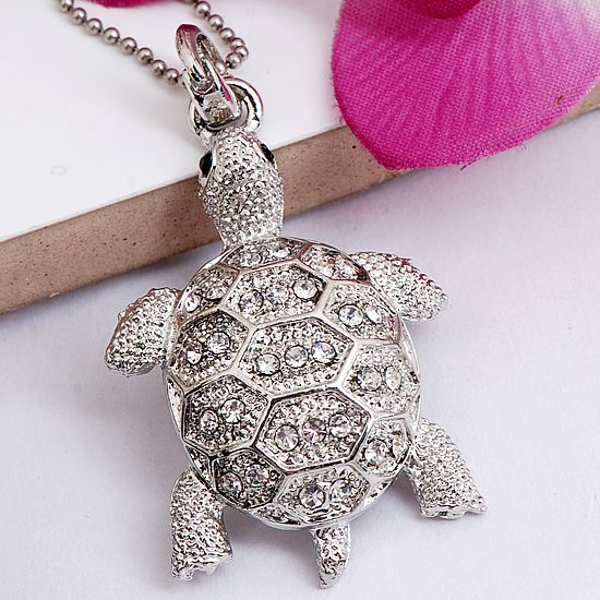 Silver Plated Clear Crystal Turtle Bead Jewelry Pendant  