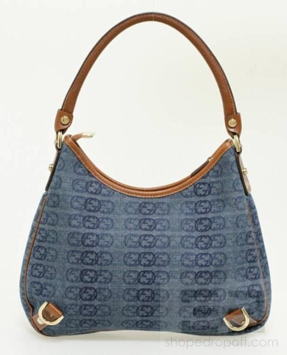   Monogram Denim Canvas & Brown Leather Abbey Medium Hobo Handbag  