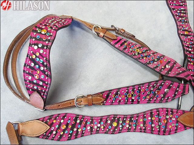   CRYSTAL ZEBRA HAIR ON LEATHER HORSE BRIDLE AND BREAST COLLAR SET