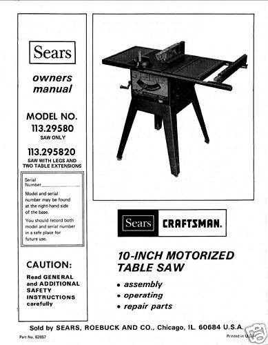  Craftsman Table Saw Manual Model # 113.295820  