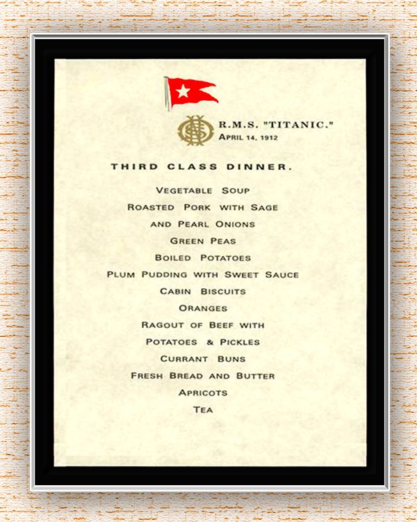 laminated REPLICA OF THIRD CLASS TITANIC DINNER MENU  