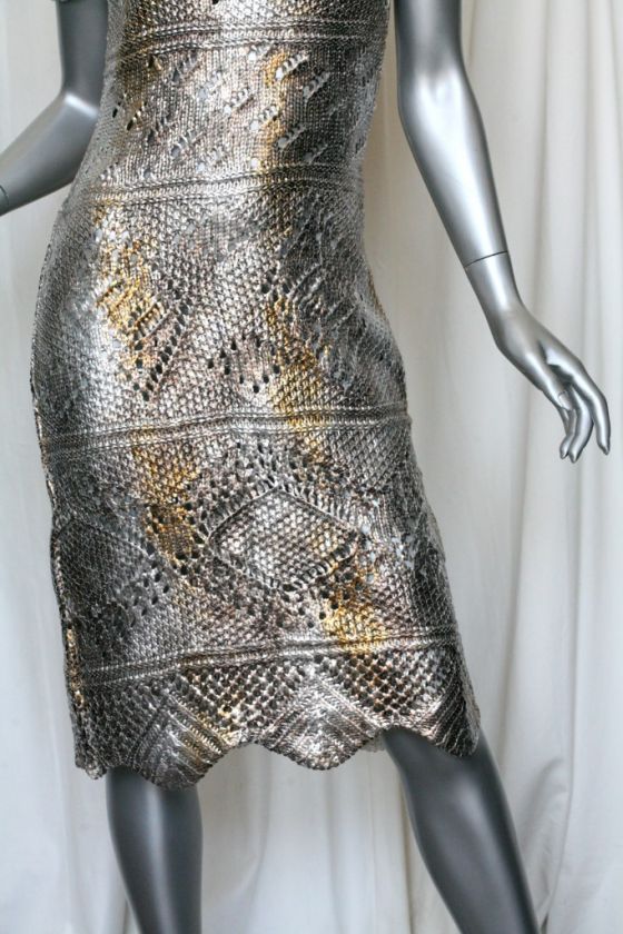 OSCAR DE LA RENTA *SILVER+GOLD* SILK Crochet Dress M  