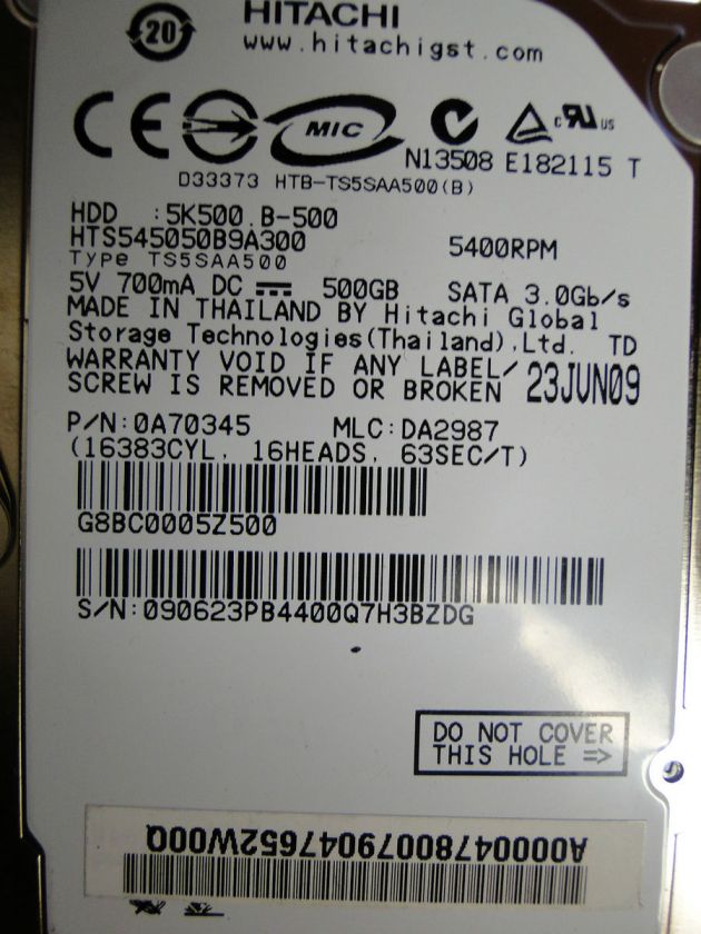 HITACHI HTS545050B9A300 HARD DRIVE 2.5 SATA 500GB DATE 23JUN09  