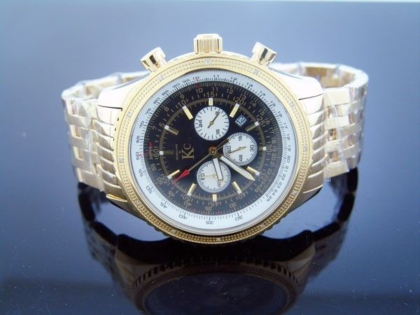 Techno Com by KC 50MM 12 Diamonds Watch Black Face Yellow Gold Case 