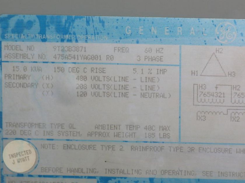 GE Dry Type Transformer 15 KVA 3 Phase 480V P.   120/208V S.  