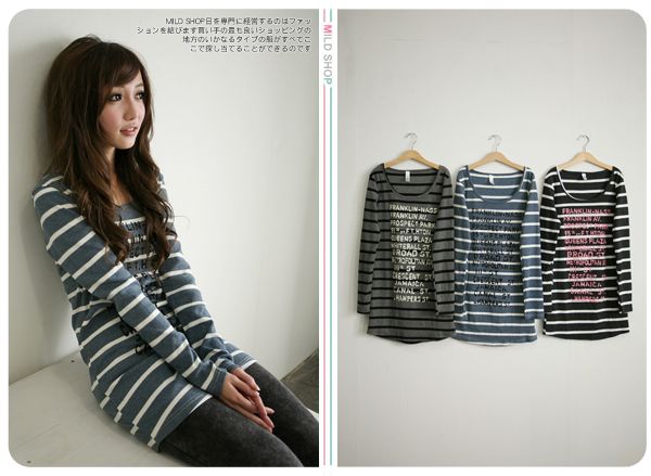 NEW Womens Girl Japanese Korean Fashion Style Stripe Words Long Sleeve 