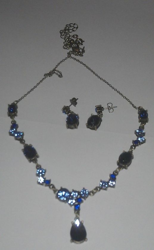 AVON AFTER DARK BLUE RHINESTONE NECKLACE PENDANT EARRING CHAIN GIFT 