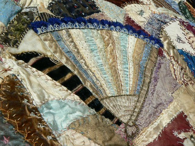 Antique CRAZY QUILT 1885 A.T.B. embroidered appliqued silk velvet hand 