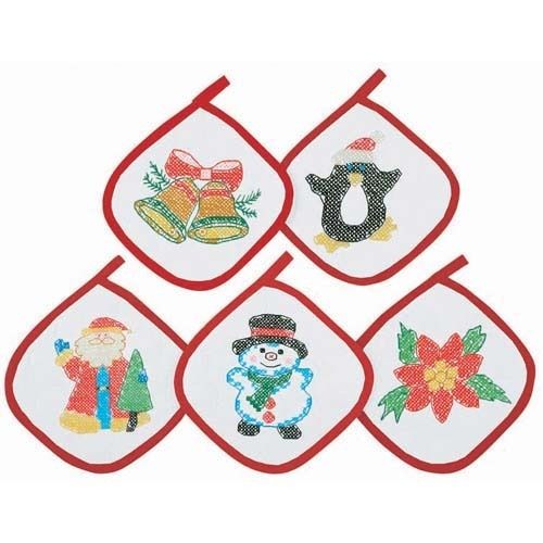 Holiday Express Stamped Cross Stitch Pot Holders Set 5  