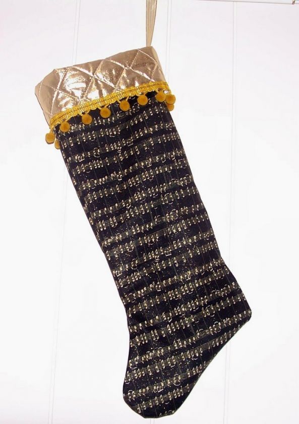 MUSICAL NOTES GOLD BLACK GLITTER CHRISTMAS STOCKING  