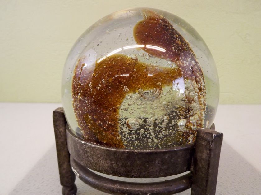 Clear Amber Bubbled Glass Heavy Standing Sphere  