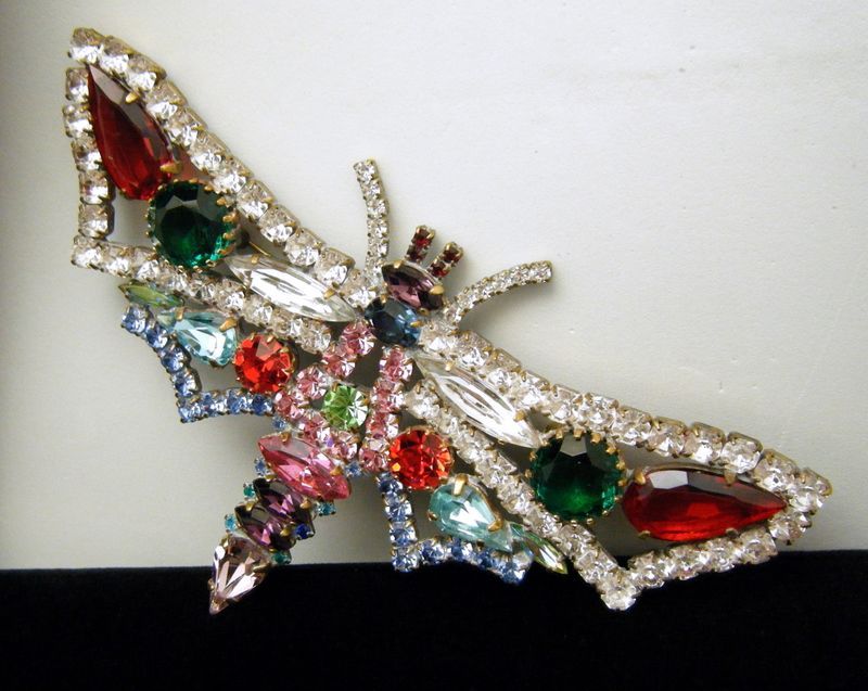 Czech Ugly Huge Rhinestone Butterfly Dragonfly Brooch  