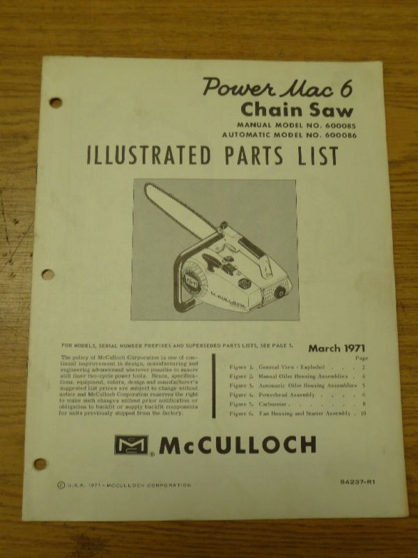 MARCH 1971 McCULLOCH POWER MAC 6 CHAINSAW PARTS MANUAL  