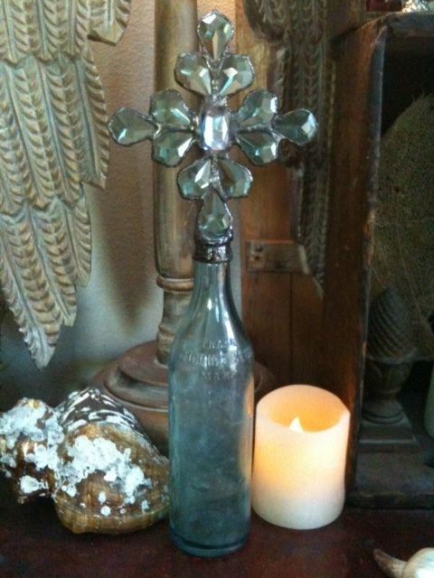 French Antique Green Crystal Cross on Antique Bottle 16  