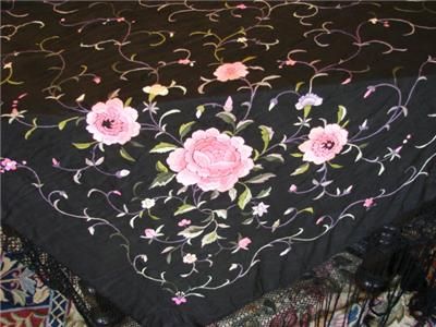 VINTAGE BLACK SILK EMBROIDERED FRINGED PIANO SCARF SHAWL TABLECLOTH 