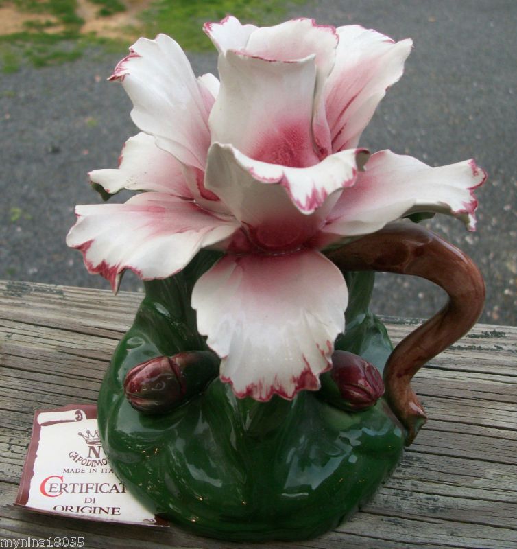 Vintage Capodimonte Pink Flower Handled Candle Holder  