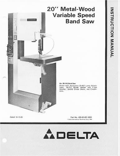 Delta 20 Band Saw Instruction Manual #28 345  