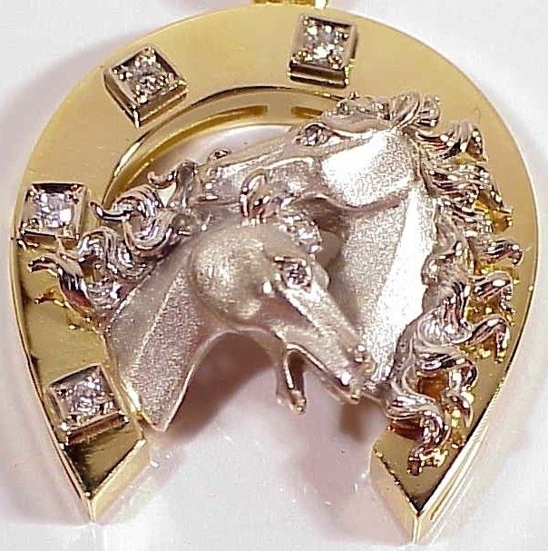 18K Horseshoe Wreath 2 Horses 6 Diamond .20 TWT Pendant  