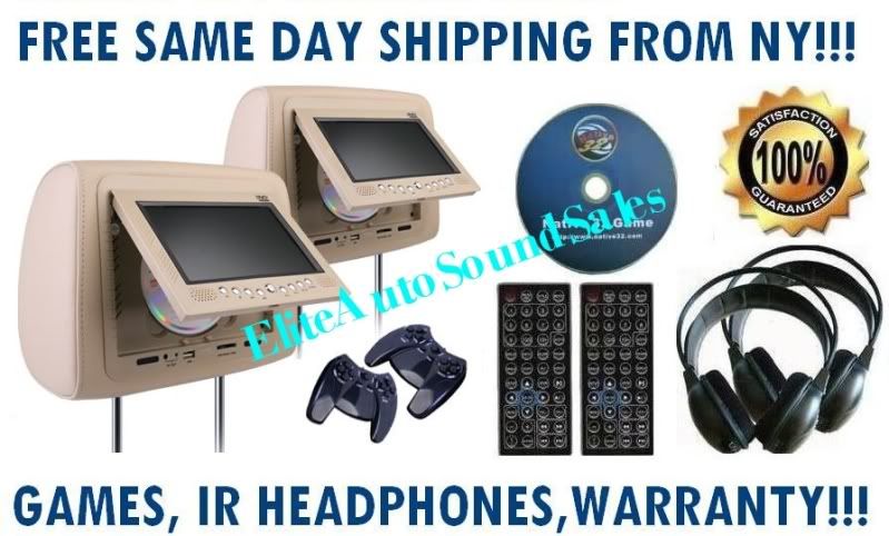 NEW PAIR HEADREST 7 LCD CAR MONITOR 2 DVD PLAYER USB  