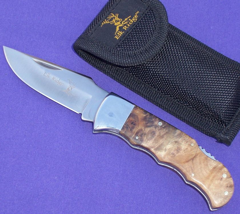 ELK RIDGE LOCKBACK FOLDING KNIFE w/ SHEATH BURL WOOD FILE WORKED SPINE 