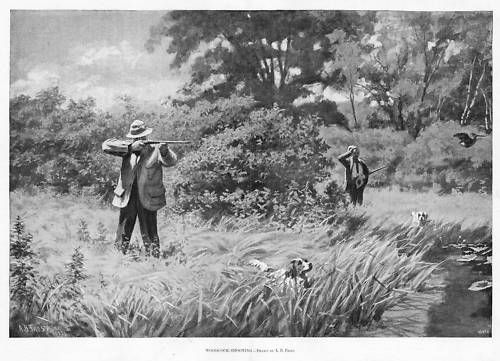 HUNTING, WOODCOCK SHOOTING BY A. B. FROST, DOG, POINTER  